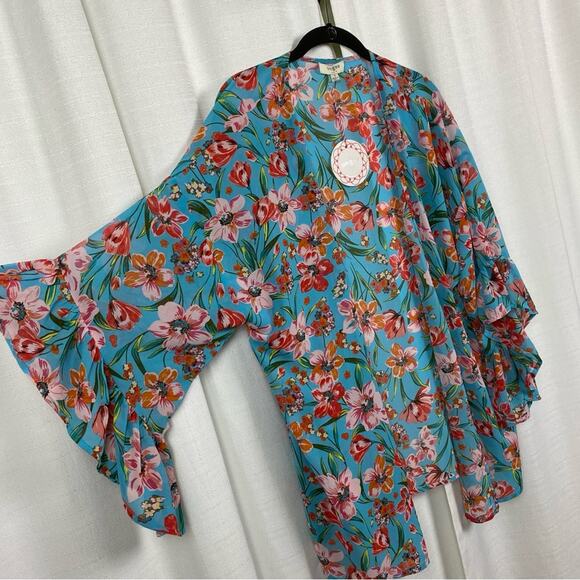 Umgee Blue&Coral Chiffon Kimono Jacket Sz.S NWT - Picture 3 of 9